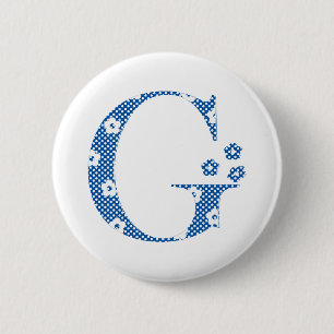 flower Patterned Letter G(blue & dots) 6 Cm Round Badge