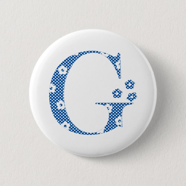 flower Patterned Letter G(blue & dots) 6 Cm Round Badge (Front)