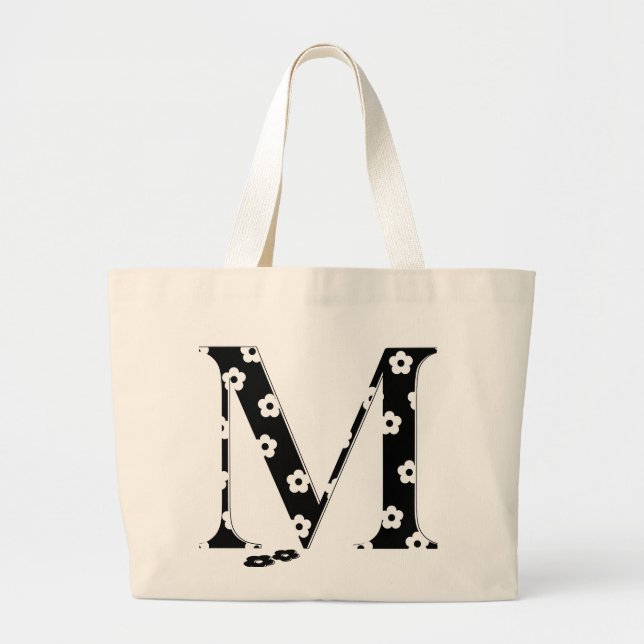 flower Patterned Letter M Large Tote Bag (Front)