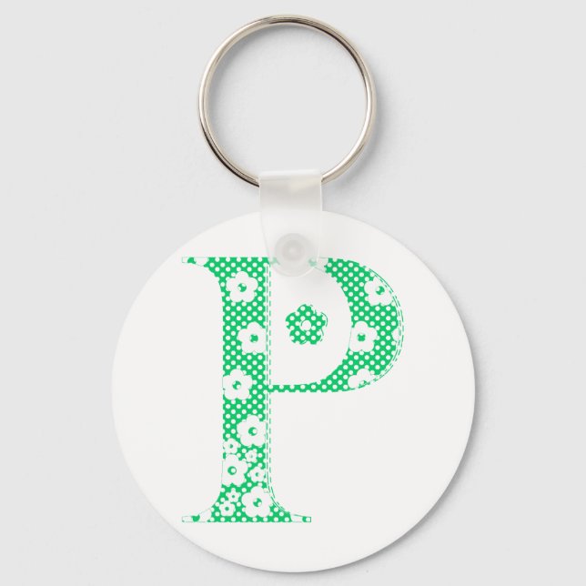 flower Patterned Letter P (green & dots) Key Ring (Front)