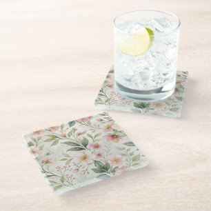 Flower patterns pink pastel cute glass coaster