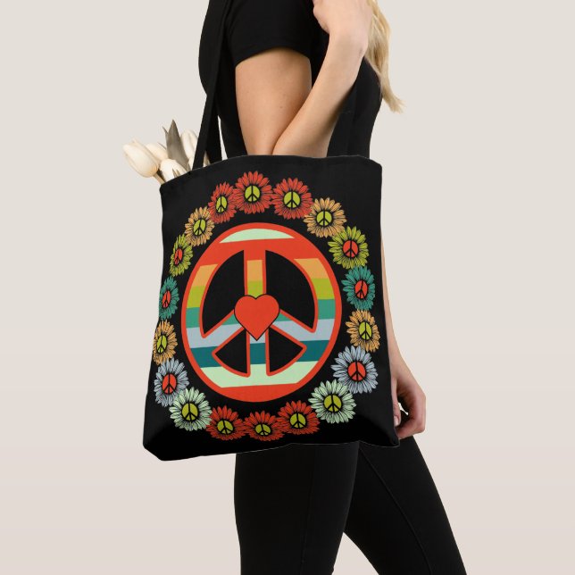 Flower Peace Sign Retro Hippy Tote Bag (Close Up)