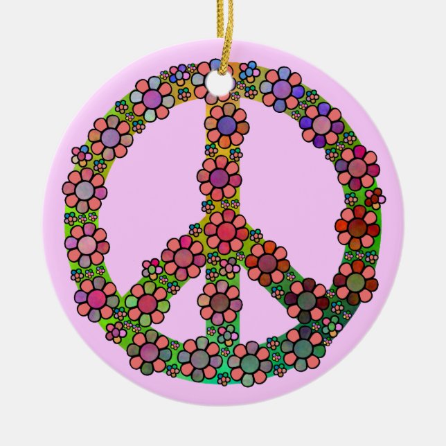 Flower Peace Sign Symbol Colourful Ceramic Tree Decoration (Front)