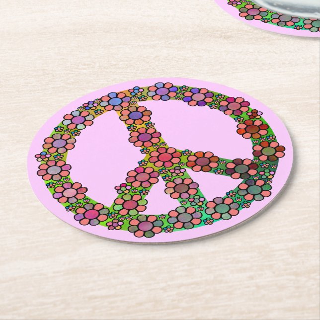 Flower Peace Sign Symbol Floral Pink Round Paper Coaster (Angled)