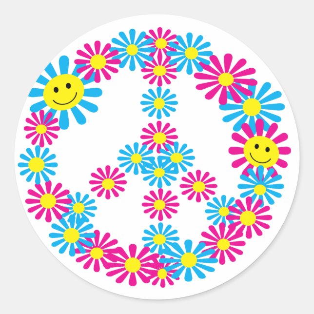 Flower Peace Sign w Faces Classic Round Sticker (Front)