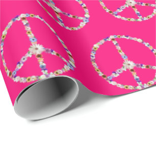 Flower Peace Signs On Pink Wrapping Paper