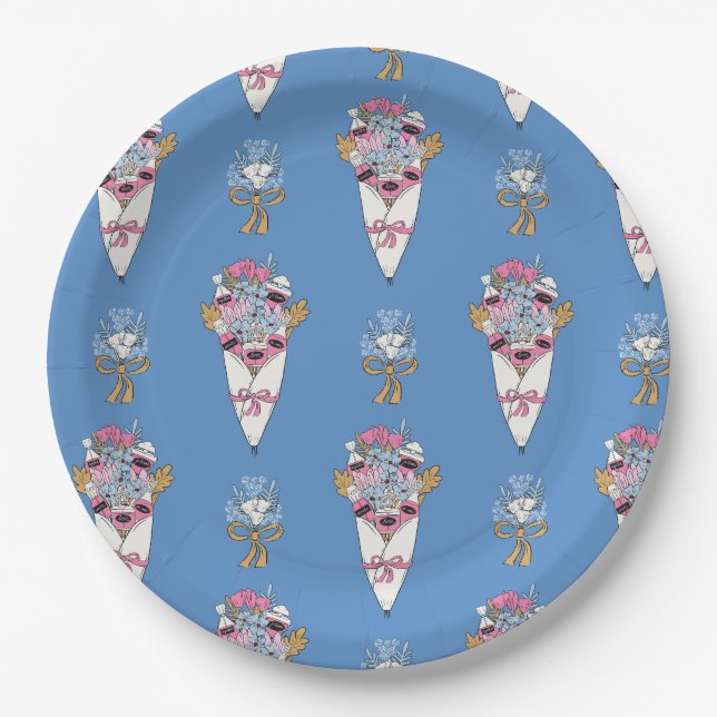 Flower & Perfume Bouquet Bundle on blue Paper Plate (Front)