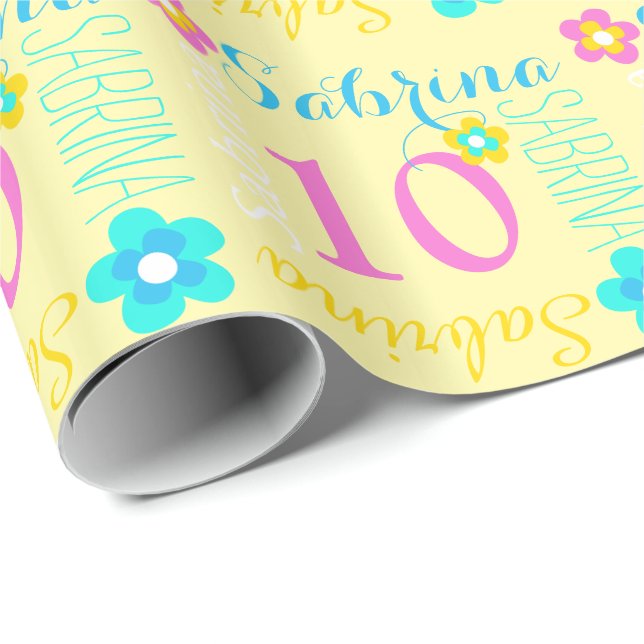 Flower personalised name age 10th birthday wrap wrapping paper (Roll Corner)