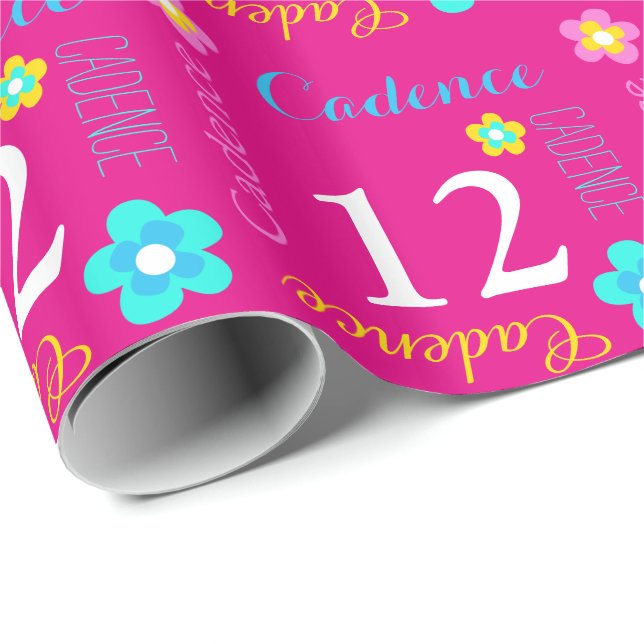 Flower personalised name age 12th birthday wrap wrapping paper (Roll Corner)