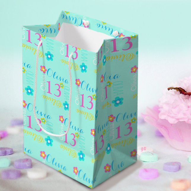 Flower personalised name age 13th birthday  medium gift bag (Creator Uploaded)