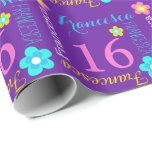 Flower personalised name age 16th birthday wrap wrapping paper<br><div class="desc">Modern text and flower design personalised age birthday girls gift wrapping paper, featuring graphic flowers and your own nine letter name in purple, pink, white and yellow. Personalise with your own name (please note not all names will fit due to the nature of the font) and age, currently reads Francesca...</div>