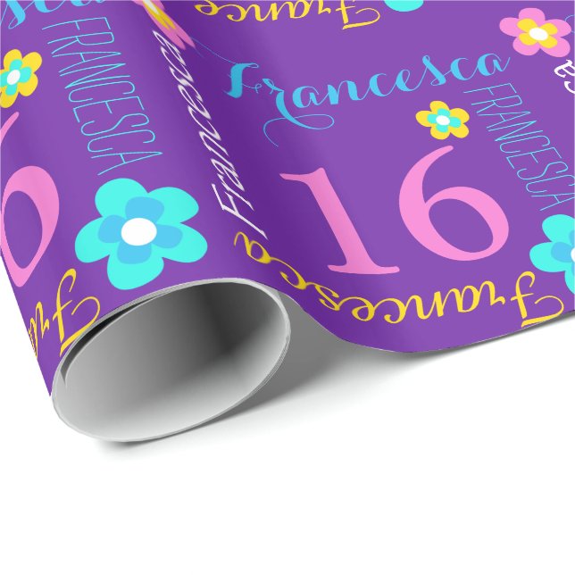 Flower personalised name age 16th birthday wrap wrapping paper (Roll Corner)