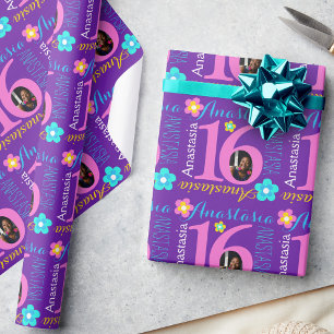 Flower personalised name age 16th birthday wrap wrapping paper