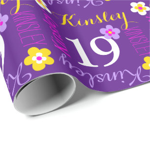 Flower personalised name age 19th birthday purple wrapping paper