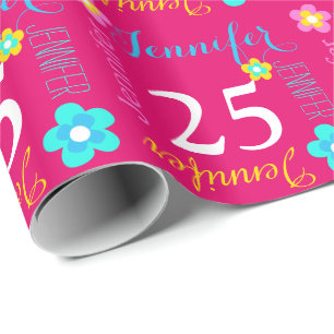 Flower personalised name age 25th birthday wrap wrapping paper