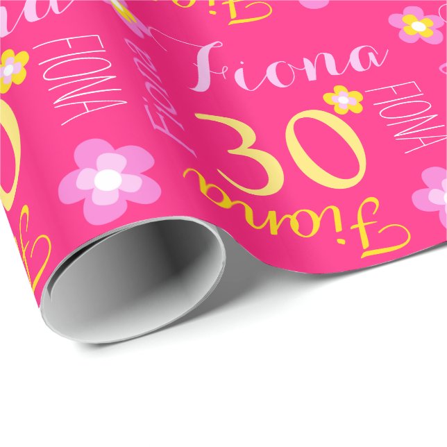 Flower personalised name age 30th birthday wrap wrapping paper (Roll Corner)