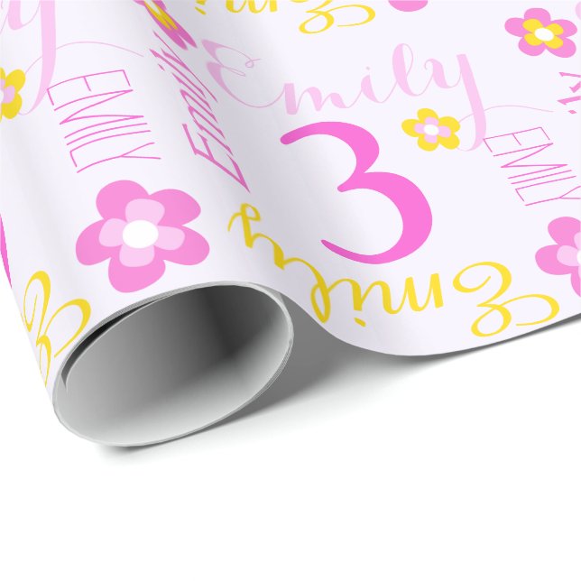 Flower personalised name age 3rd birthday wrap wrapping paper (Roll Corner)