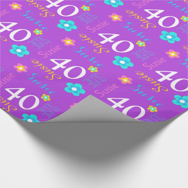Flower personalised name age 40th birthday wrap wrapping paper (Corner)
