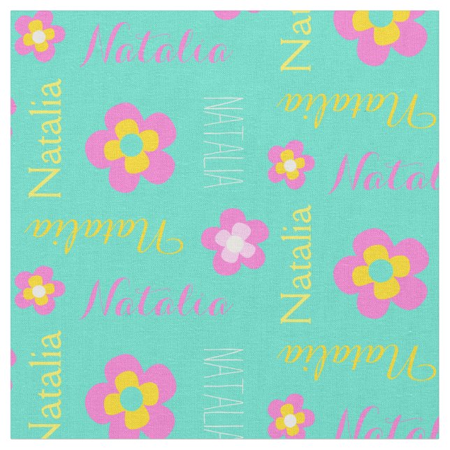 Flower personalised name pink aqua text fabric (Close Up)