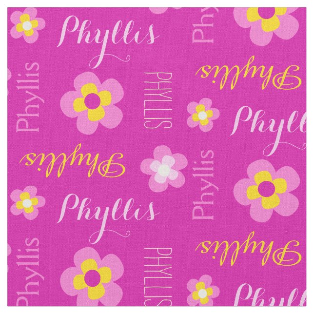 Flower personalised name pink typographic fabric (Close Up)