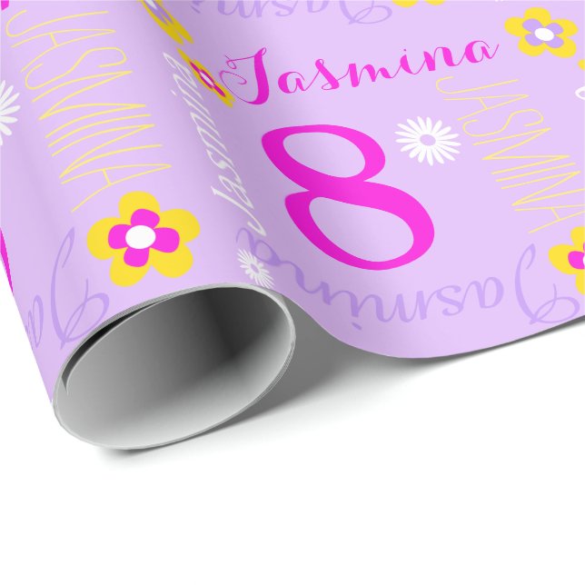 Flower personalized purple pink age 8th birthday wrapping paper (Roll Corner)