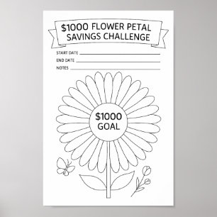Flower Petals $1000 Savings Challenge Tracker Poster