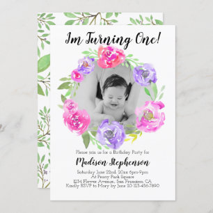 Flower Photo Girl Babys 1st Birthday Party Invitation