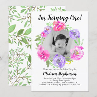 Flower Photo Girl Babys 1st Birthday Party Invitation