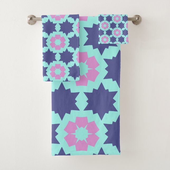 Flower Pink Blue star flowers pattern Bath Towel Set (Insitu)