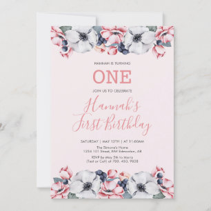 Flower & Pink   First Girl Birthday Party Invitation