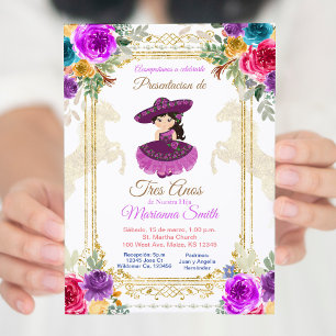 Flower Pink & gold Tres Anos Mexican  Invitation