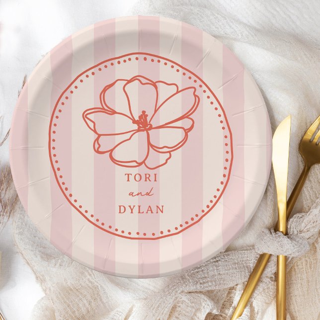 Flower Pink Stripe Wedding Paper Plate (Creator Uploaded)