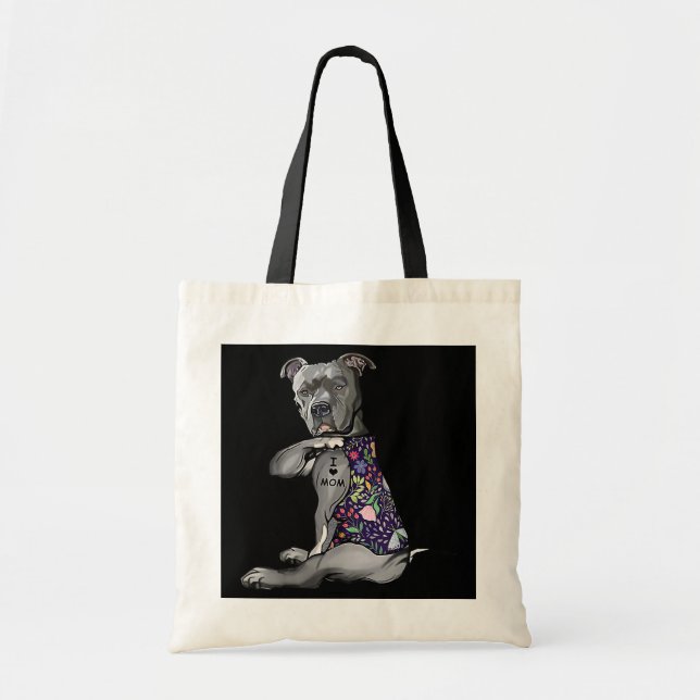 Flower PitBull I Love Mum Pitbull Tattoo Mother's Tote Bag (Front)