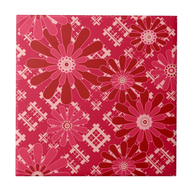 Flower plaid , floral , plaid , red , red , rustic ceramic tile (Front)