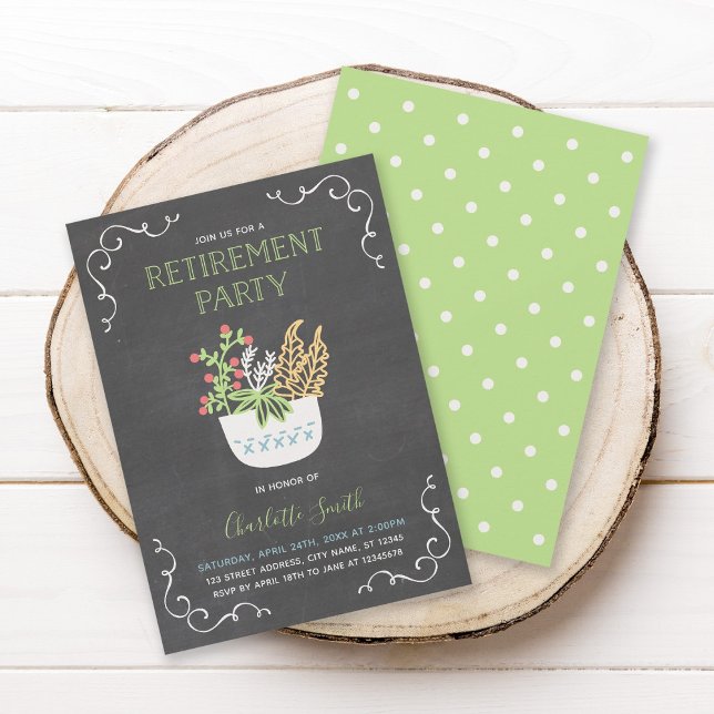Flower Pot Chalkboard Green Retirement Party Invitation (Creator Uploaded)