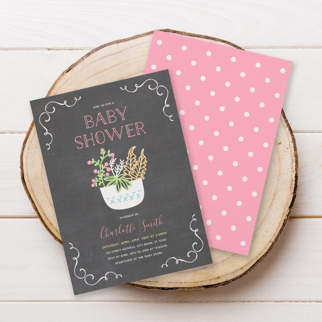 Flower Pot Chalkboard Pink Baby Shower Invitation (Creator Uploaded)