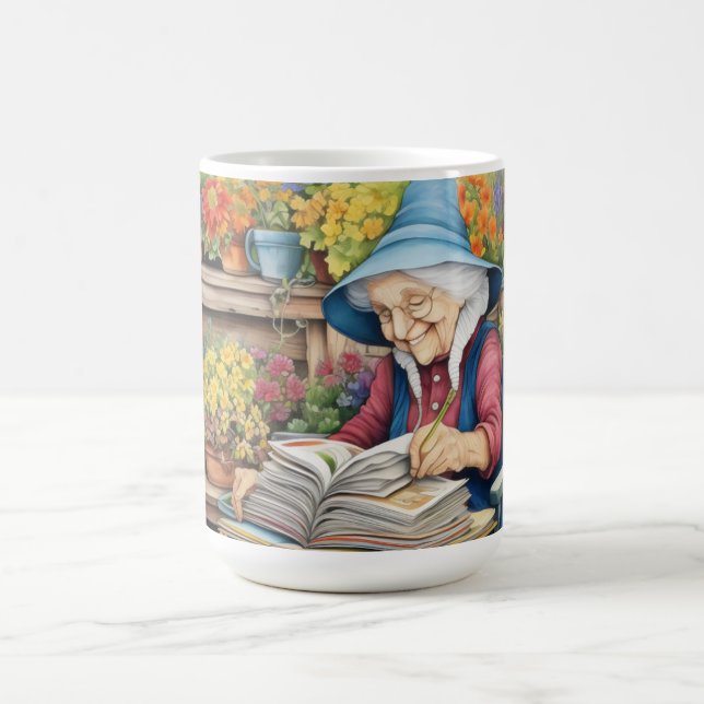 Flower pot garden Lady reading book amid flowers Coffee Mug (Center)