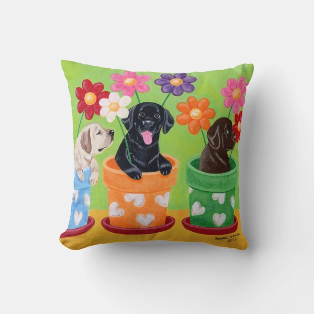 Flower Pot Labrador Puppies Cushion (Front)