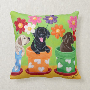Flower Pot Labrador Puppies Cushion
