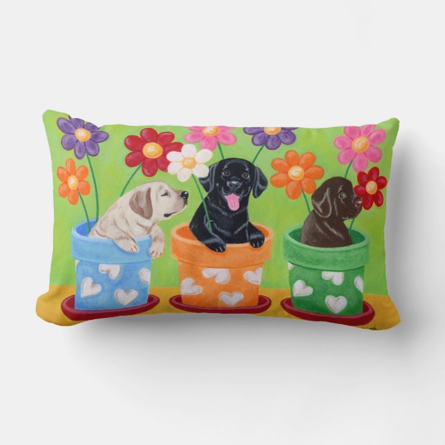 Flower Pot Labrador Puppies Lumbar Cushion (Front)