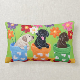 Flower Pot Labrador Puppies Lumbar Cushion