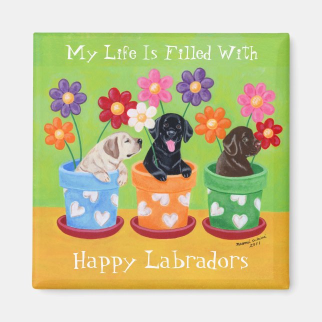 Flower Pot Labrador Puppies Magnet (Front)