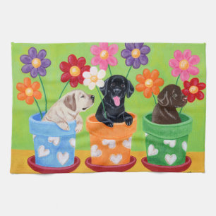 Flower Pot Labrador Puppies Painting Tea Towel