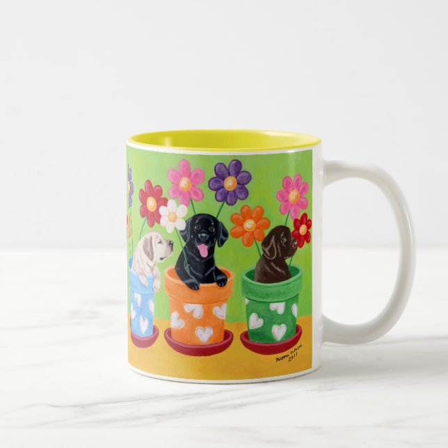 Flower Pot Labrador Puppies Two-Tone Coffee Mug (Right)