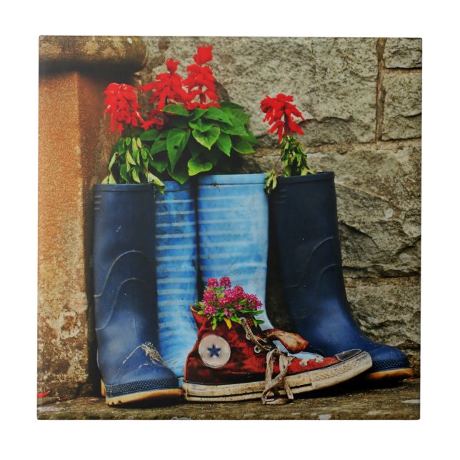 Flower pot wellies boots and runner ceramic tile (Front)