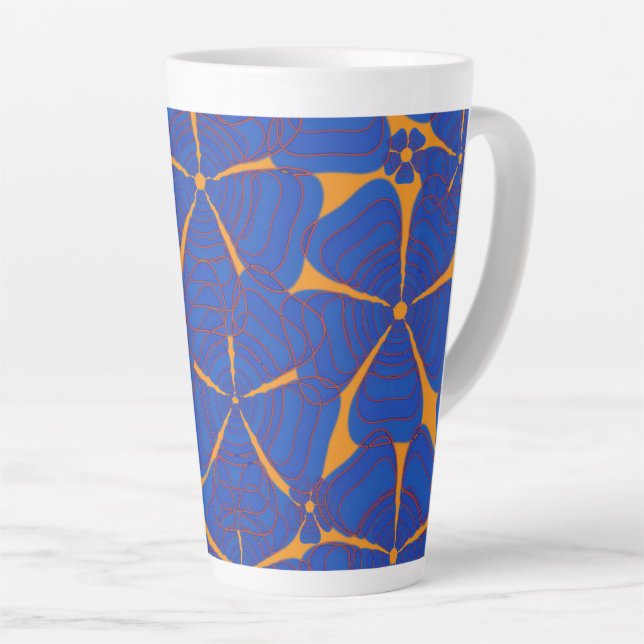 Flower Power 4 Blue with Red Accents on Orange Latte Mug (Right Angle)