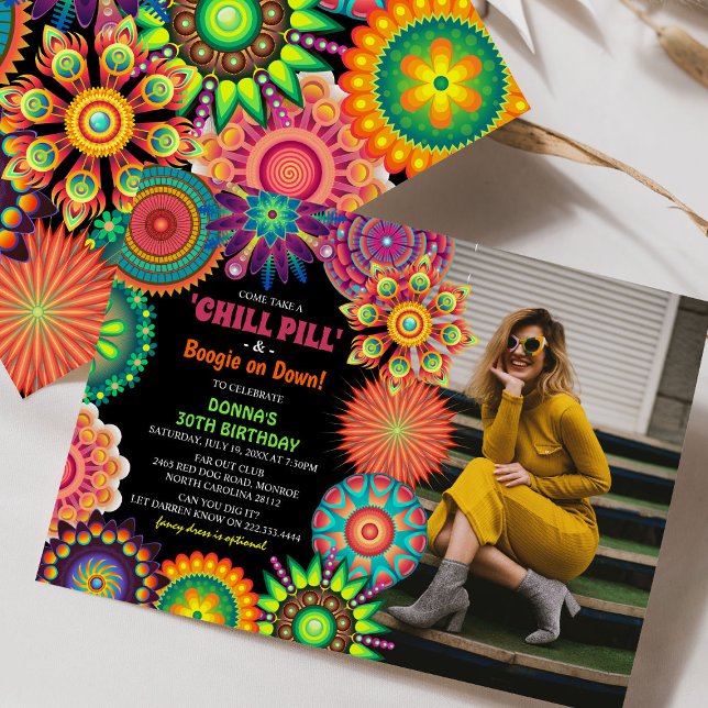 Flower Power 70's Colourful Photo Birthday Party Invitation (Creator Uploaded)