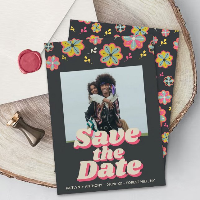 Flower Power 70's Retro Groovy Photo Wedding Save The Date (Creator Uploaded)