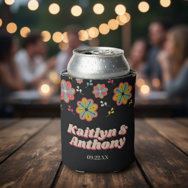 Flower Power 70's Retro Groovy Wedding Can Cooler (Creator Uploaded)