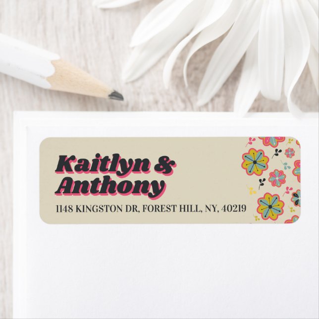 Flower Power 70's Retro Groovy Wedding Return Address Label (Insitu)